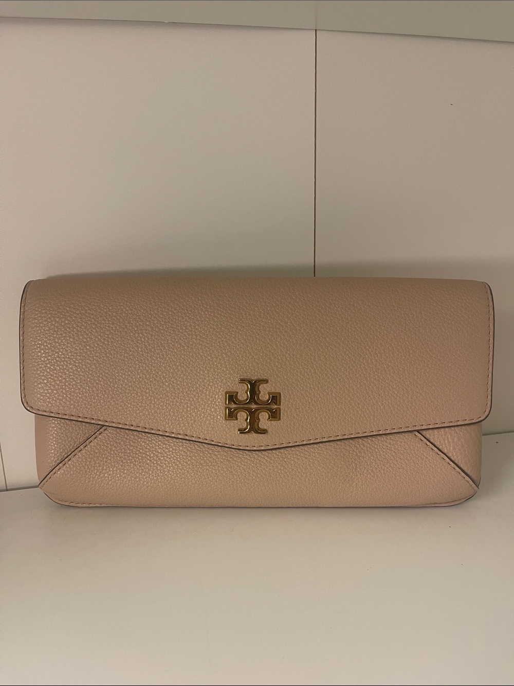 Tory Burch Blush Pink Pebbled Leather Envelope Clutch with Gold Logo